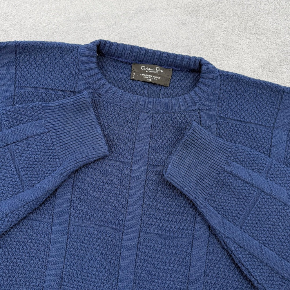 Vintage Christian Dior Monsieur Sweater Mens Medium Navy Blue Textured Knit 80s